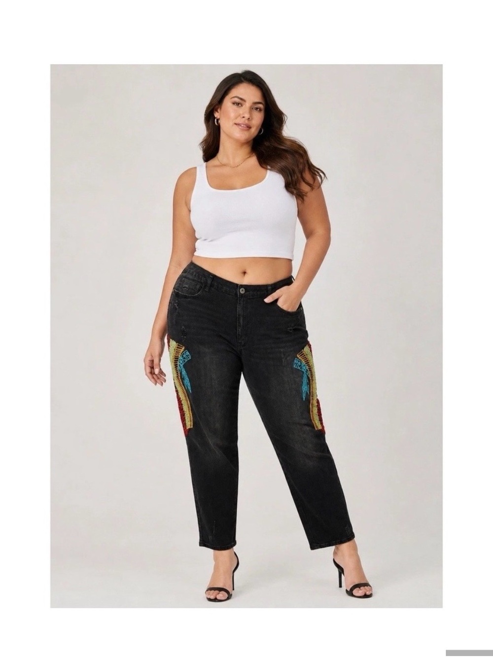 L&B Lucky & Blessed Black Boyfriend Jeans with Colorful Embroidered Side Panels